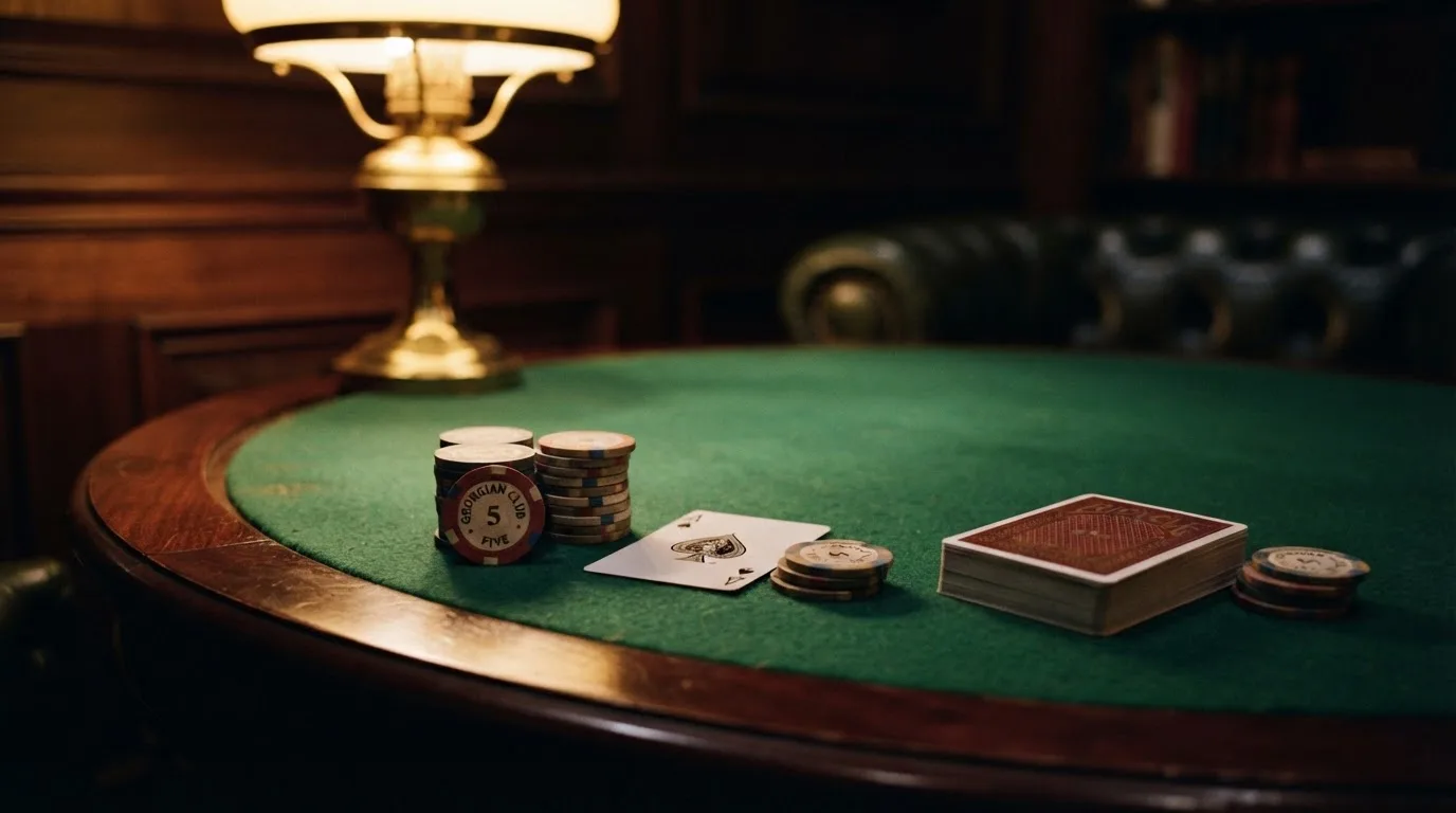 Kortlek och staplar av spelmarker på ett grönt filtbord i en dunkel salong, varmt lampsken — 10 euro casino i sverige