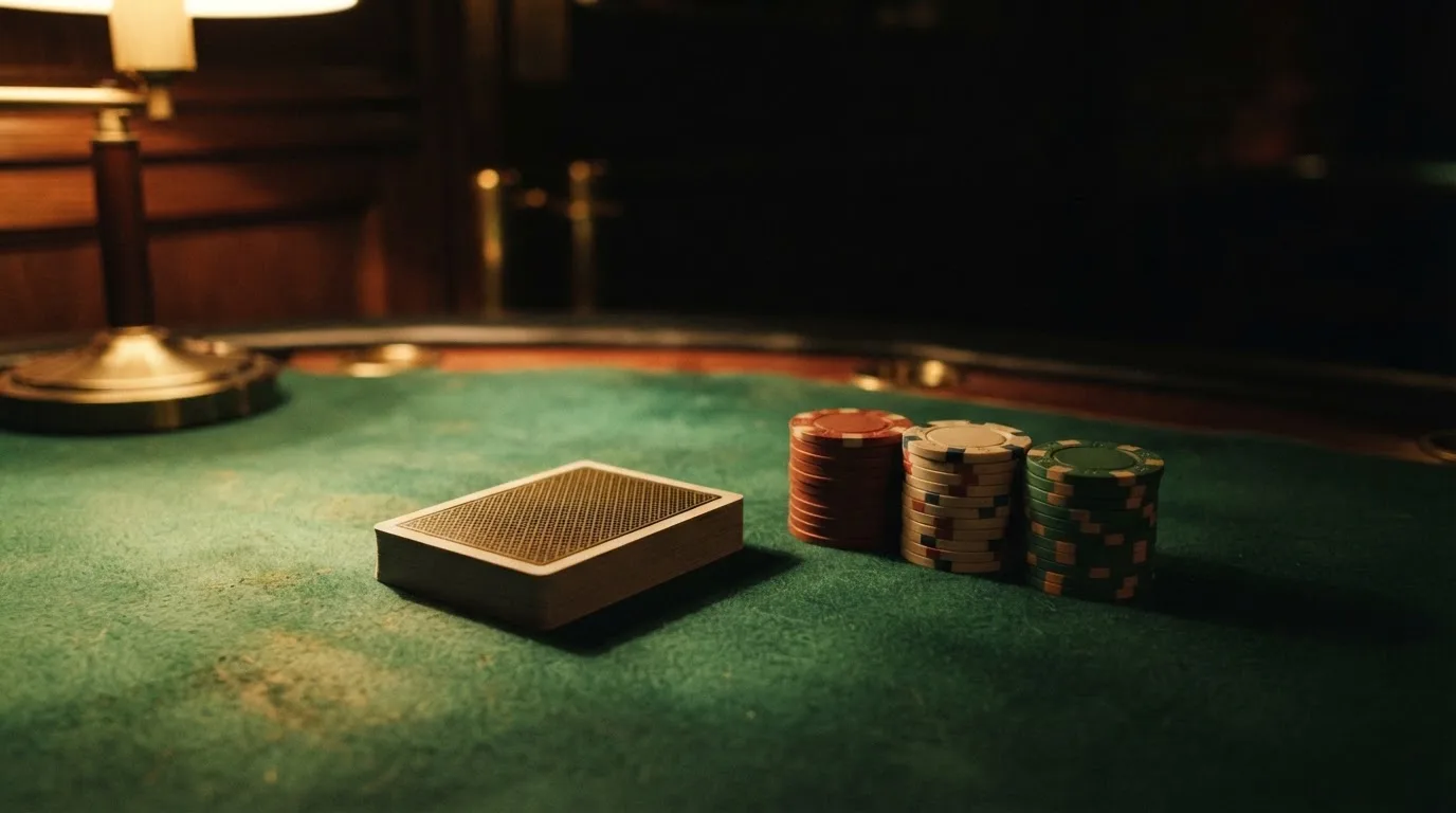 Kortlek och staplar av spelmarker på ett grönt filtbord i en dunkel salong, varmt lampsken — 10 free spins casino i sverige