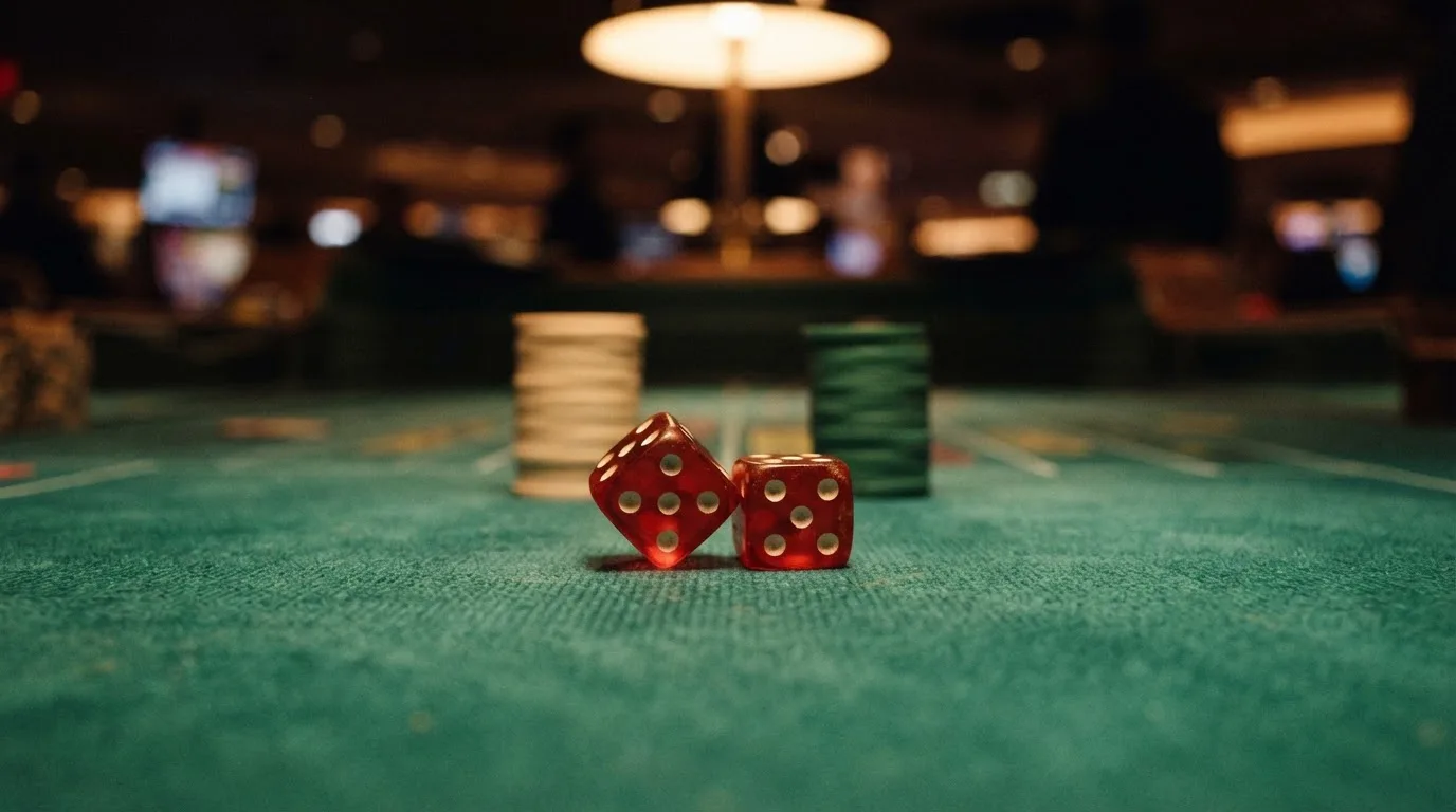 Röda tärningar vilar på grönt filt, bakom dem suddiga torn av spelmarker i kvällsdunklet — 10 kr casino i sverige