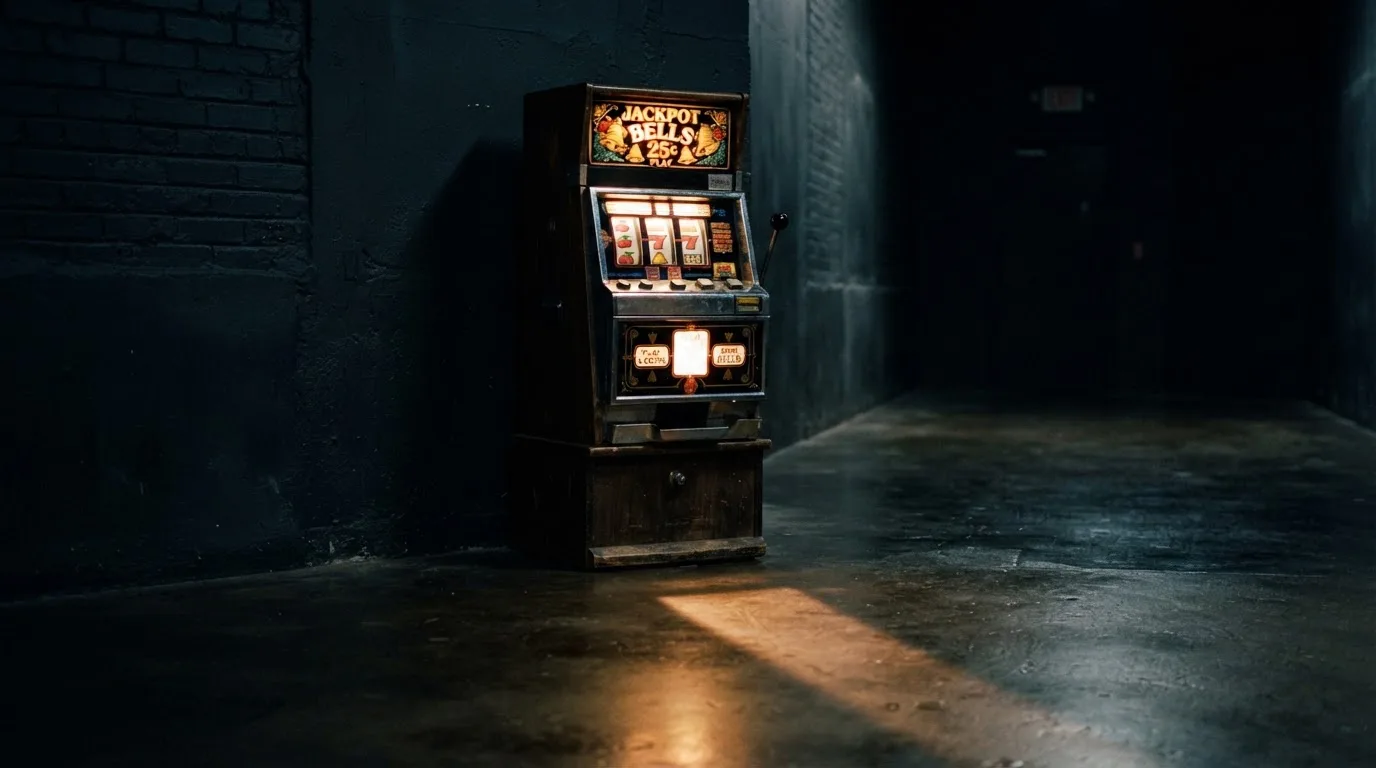 En gammal spelautomat lyser i den dunkla hallen och speglar sig i golvet — 100 free spins casino i sverige