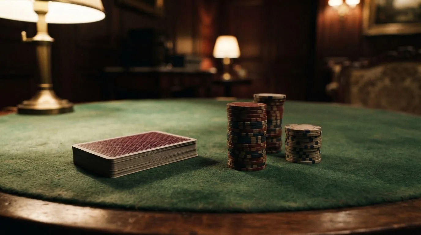Kortlek och staplar av spelmarker på ett grönt filtbord i en dunkel salong, varmt lampsken — 150 free spins casino i sverige