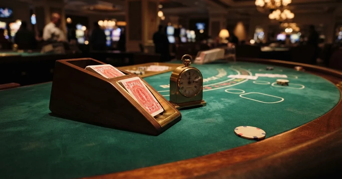 Grönt filt och en lång kortlåda av trä vid bordskanten, bredvid en blank mässingsklocka — bästa blackjack i sverige