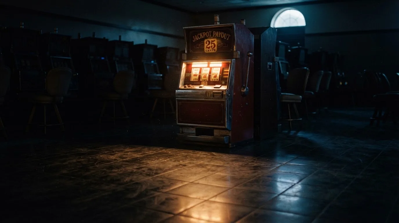 En gammal spelautomat lyser i den dunkla hallen och speglar sig i golvet — bästa kasino i sverige