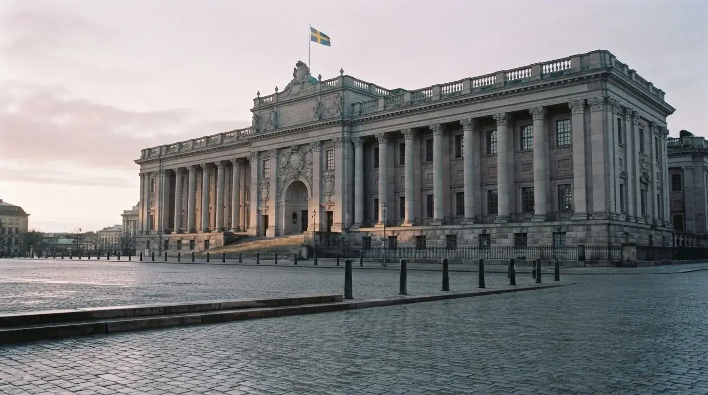 Stenfasad på en statlig byggnad i Stockholm vid gryning, höga pelare och ett tomt torg framför — bästa kasino i sverige