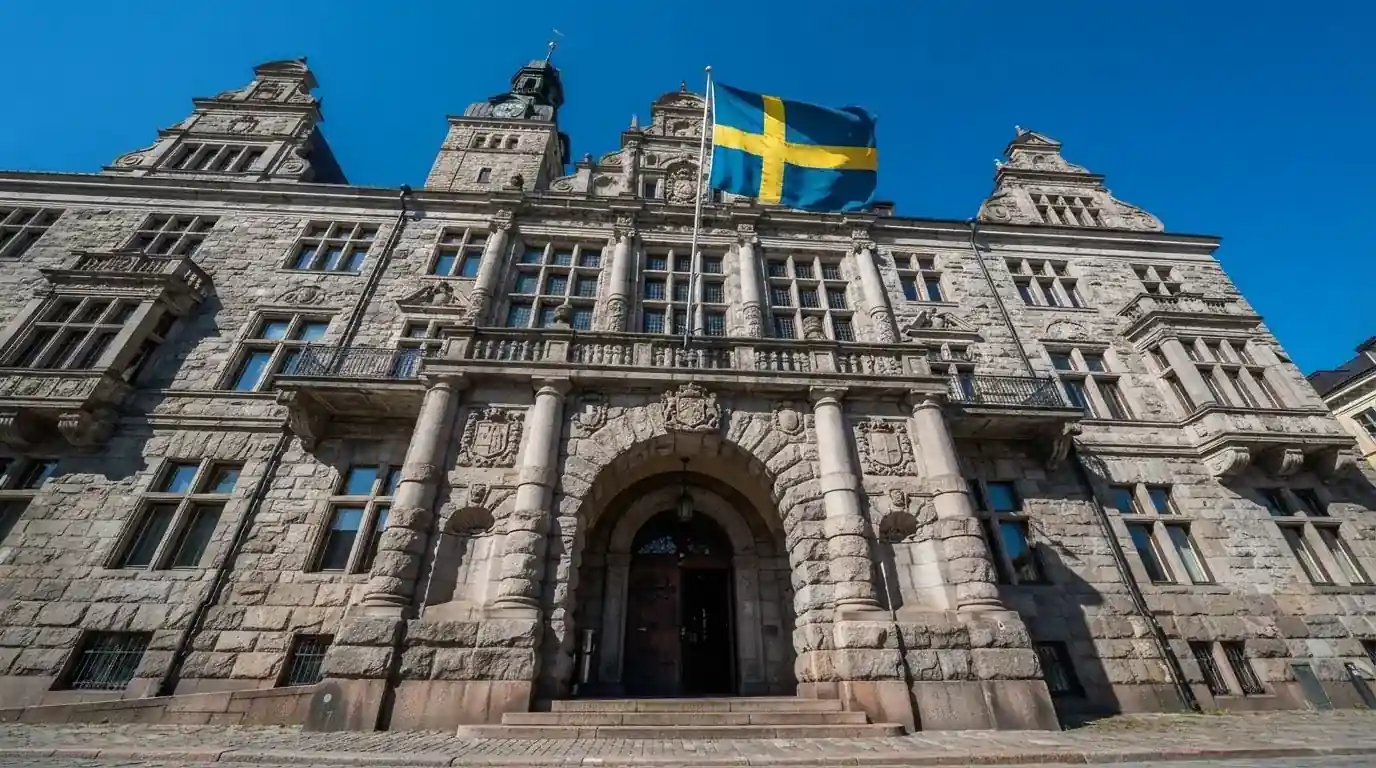Ett gammalt stadshus i sten fotograferat underifrån mot en klarblå himmel, med den svenska flaggan som fladdrar ovanför entrén.