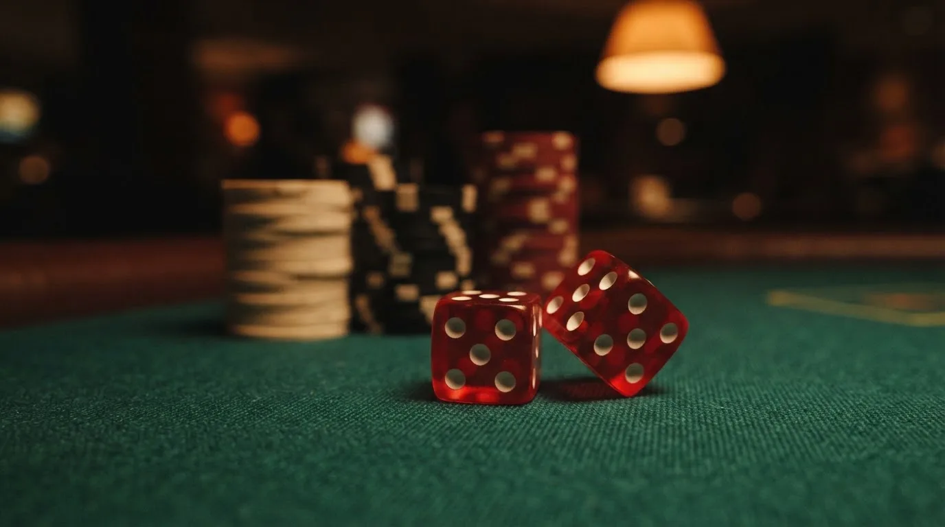 Röda tärningar vilar på grönt filt, bakom dem suddiga torn av spelmarker i kvällsdunklet — blackjack gratis i sverige