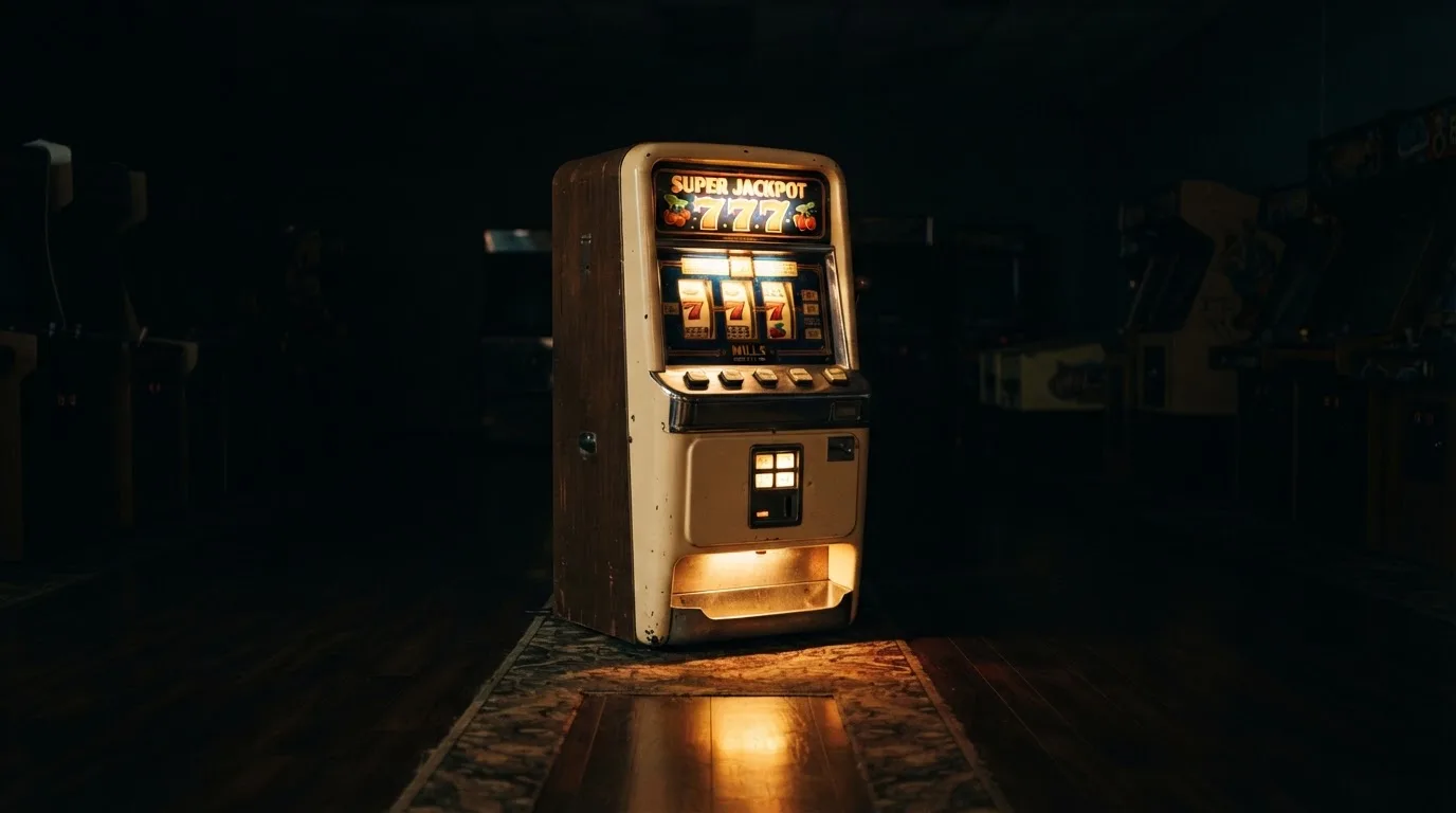 En gammal spelautomat lyser i den dunkla hallen och speglar sig i golvet — blackjack på nätet i sverige