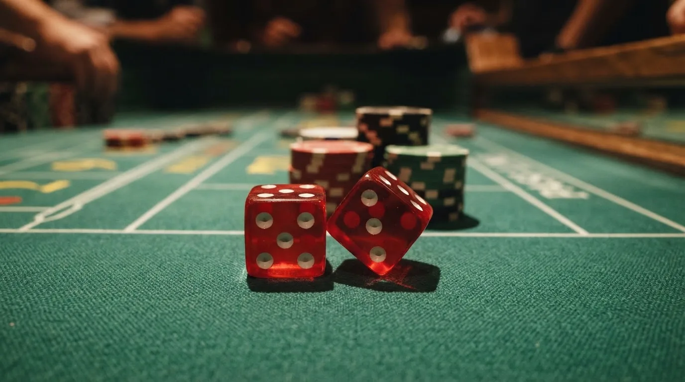 Röda tärningar vilar på grönt filt, bakom dem suddiga torn av spelmarker i kvällsdunklet — bra svenska casinon