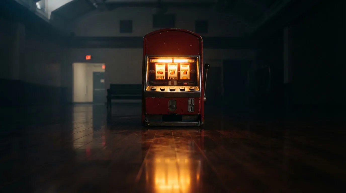 En gammal spelautomat lyser i den dunkla hallen och speglar sig i golvet — casinon med bankid i sverige