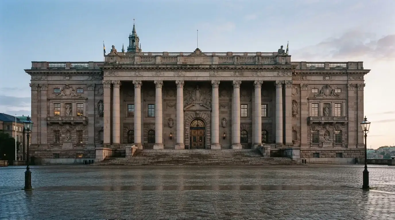 Stenfasad på en statlig byggnad i Stockholm vid gryning, höga pelare och ett tomt torg framför — casinon med bankid i sverige