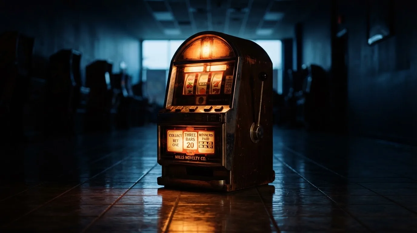 En gammal spelautomat lyser i den dunkla hallen och speglar sig i golvet — casinon med curaçao licens
