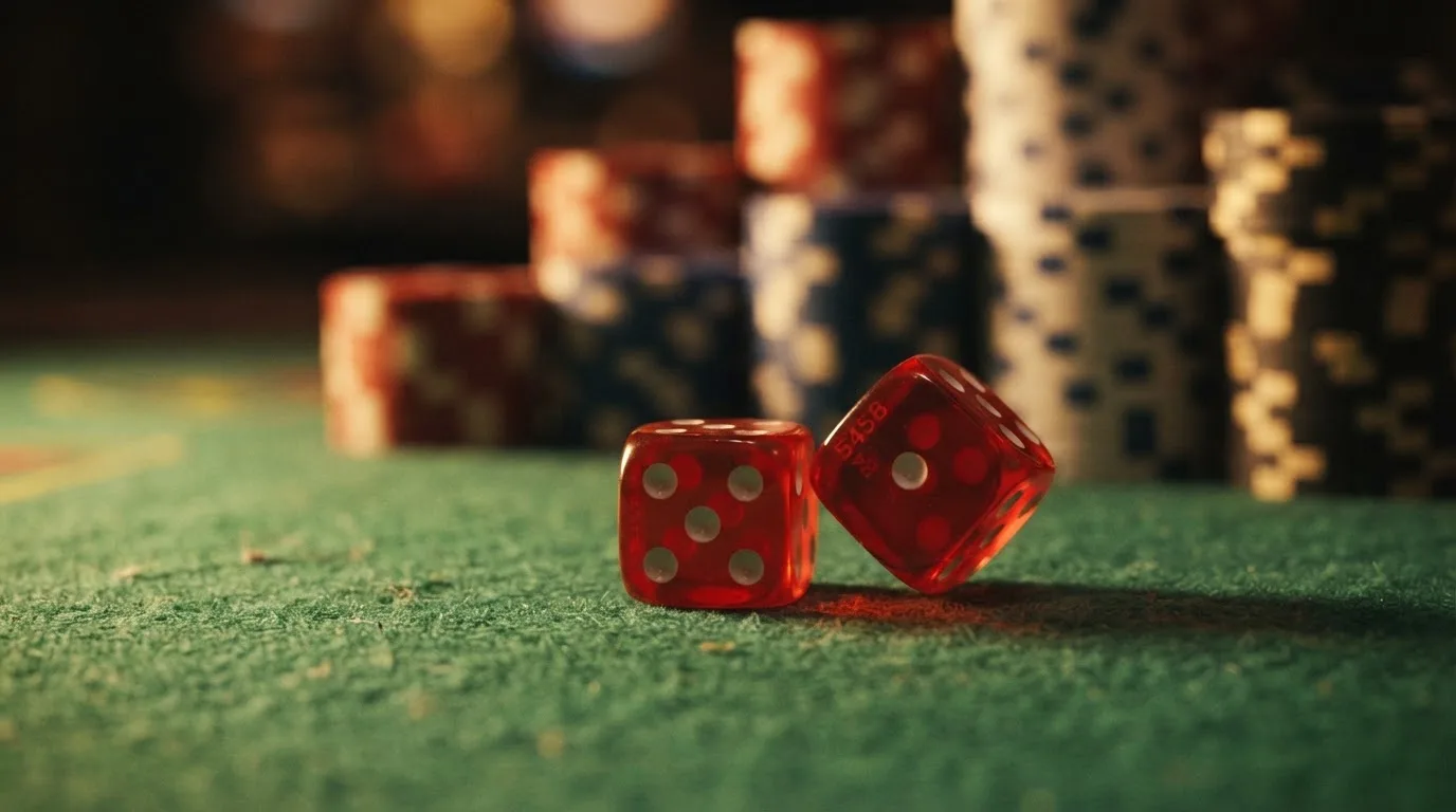 Röda tärningar vilar på grönt filt, bakom dem suddiga torn av spelmarker i kvällsdunklet — casinon med jackpot i sverige