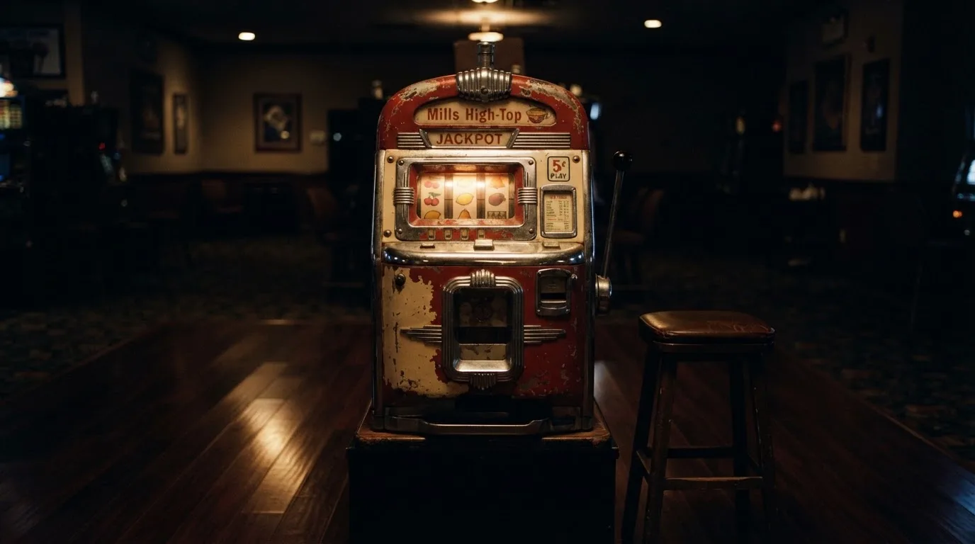 En gammal spelautomat lyser i den dunkla hallen och speglar sig i golvet — casinon med slots i sverige