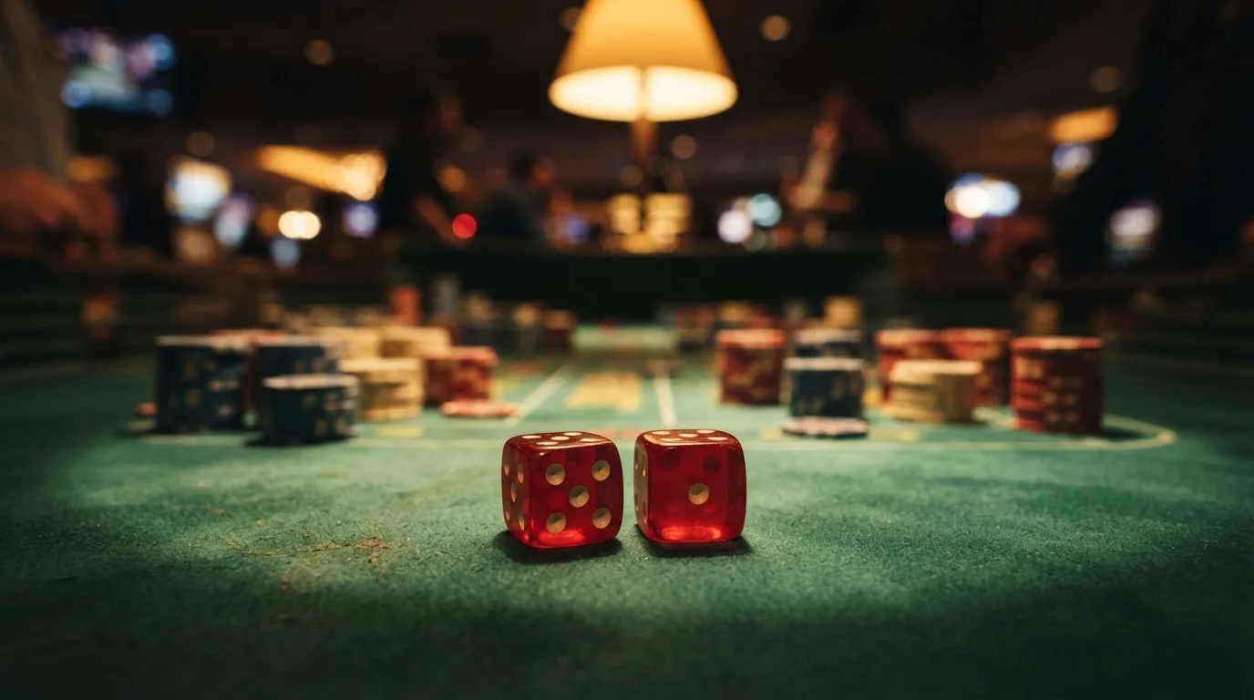 Röda tärningar vilar på grönt filt, bakom dem suddiga torn av spelmarker i kvällsdunklet — casinon med uttag i sverige