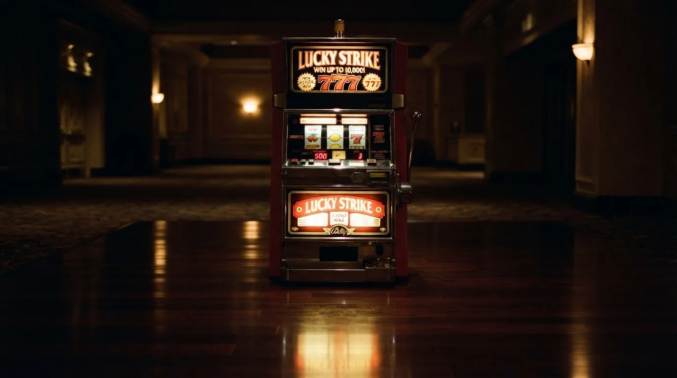 En gammal spelautomat lyser i den dunkla hallen och speglar sig i golvet — casinon utan bankid i sverige