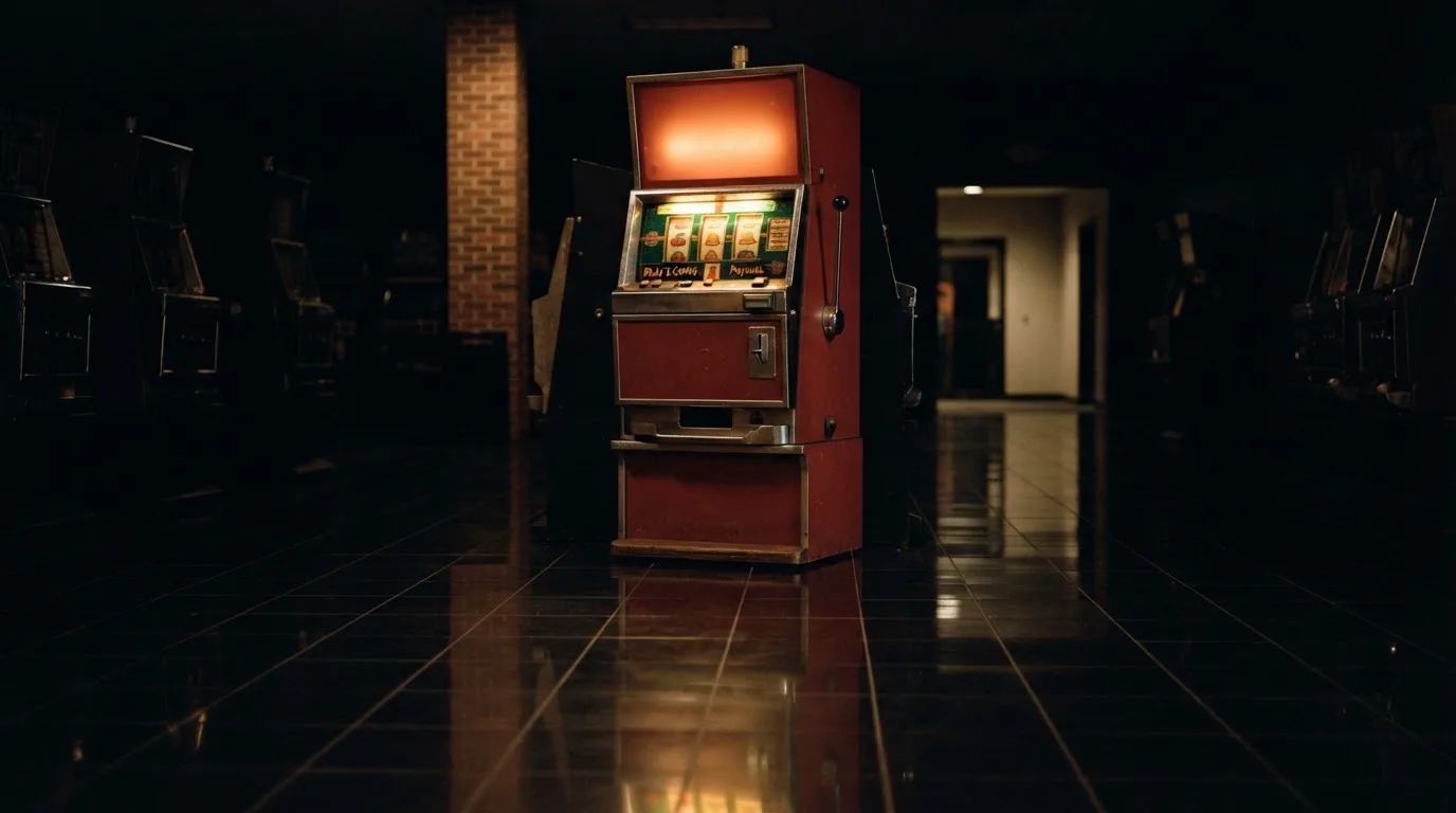 En gammal spelautomat lyser i den dunkla hallen och speglar sig i golvet — casinon utan spelgräns i sverige
