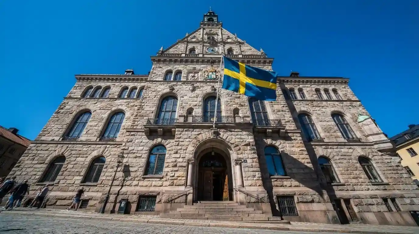 Ett gammalt stadshus i sten fotograferat underifrån mot en klarblå himmel, med den svenska flaggan som fladdrar ovanför entrén.