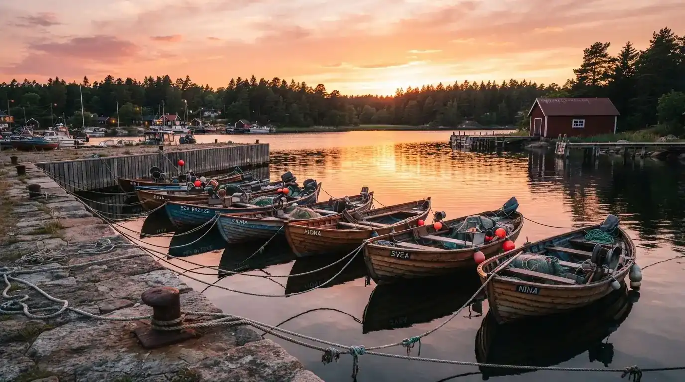 Fiskebåtar förtöjda i en liten hamn vid solnedgång — svenska casinon med swish