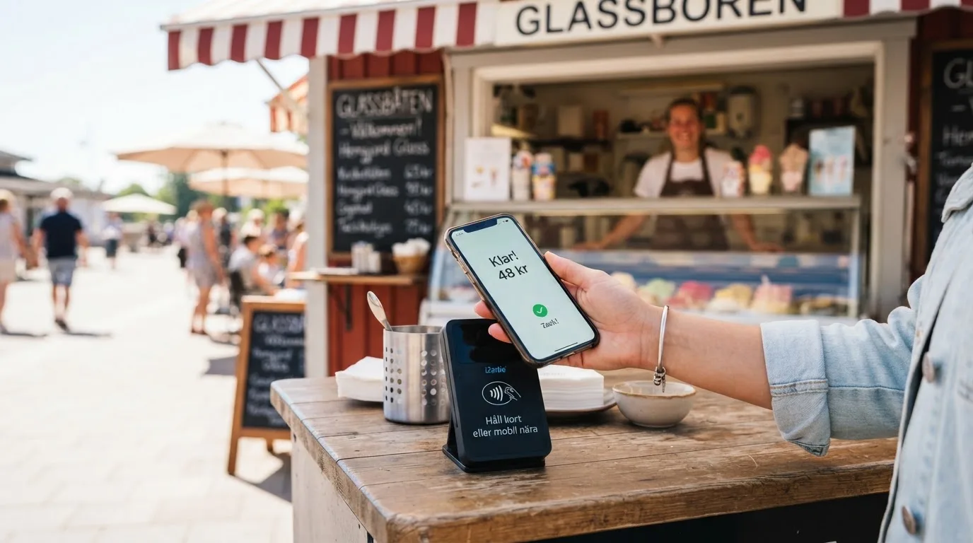 Hand som håller en mobiltelefon mot en kontaktlös läsare vid en glasskiosk en solig dag — svenska casinon med swish