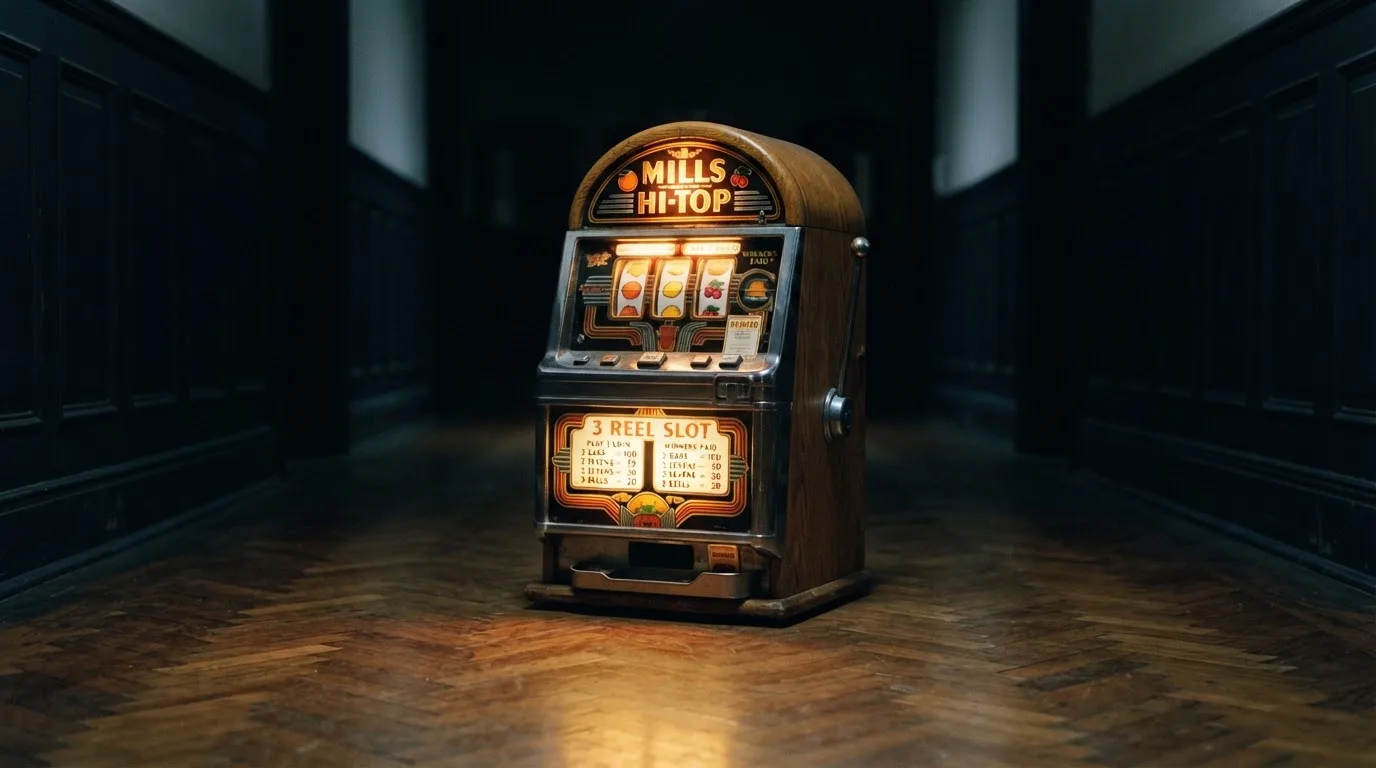 En gammal spelautomat lyser i den dunkla hallen och speglar sig i golvet — svenska casinon med bitcoin