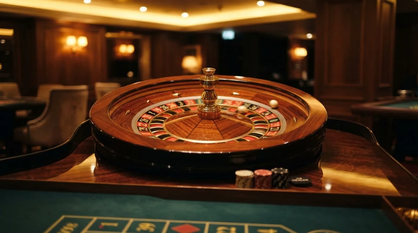 Ett roulettehjul snurrar på ett blankt träbord, den vita kulan glimmar i takljusets guld — svenska casinon på android