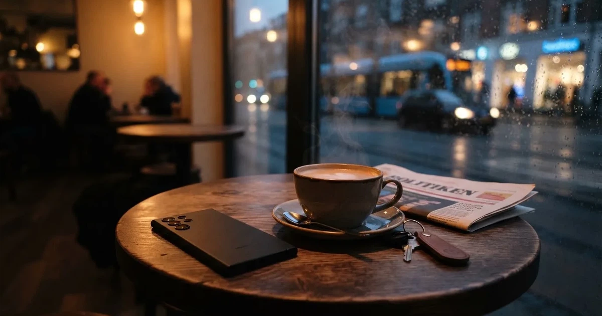 En mobil med framsidan nedåt på ett kafébord, bredvid en latte och regn mot rutan — svenska casinon på android